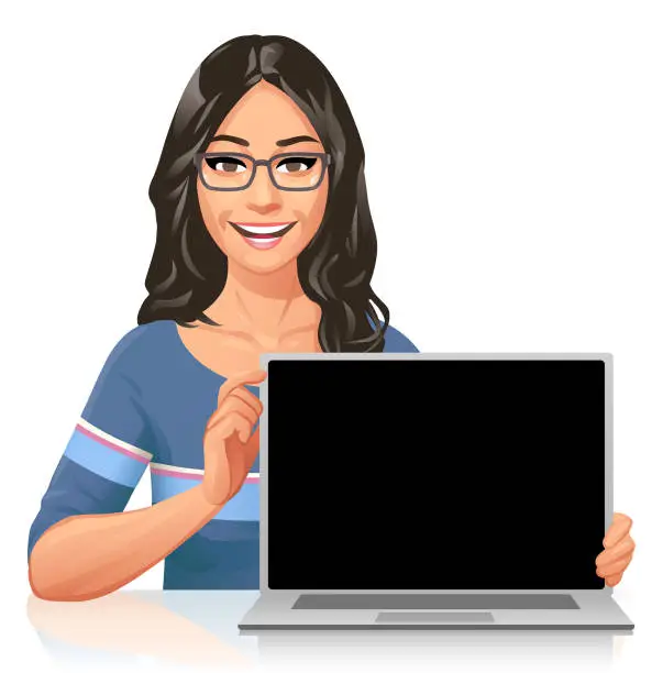 Vector illustration of Young Woman Showing Laptop Screen