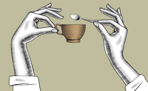 illustrazioni stock, clip art, cartoni animati e icone di tendenza di coppia di mani femminili con una tazza di caffè e un cucchiaio - coffee hand woman