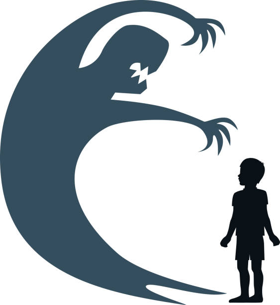 beat your fears silhouette child stands and the shadow of a monster on the wall fear illustrations stock illustrations