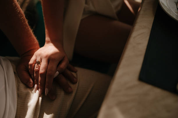 istock Man and woman hold hands close up 1199596935