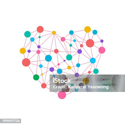 istock Cute color dots with connection line on white background,vector illustration.Graphic heart shape design. 1199597756