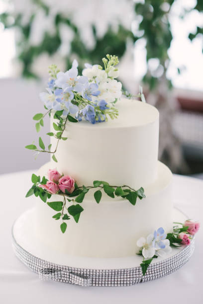 istock Big white wedding cake with fruit is on the table 1199601527