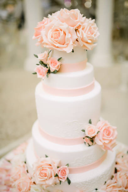 istock Big white wedding cake with fruit is on the table 1199604266