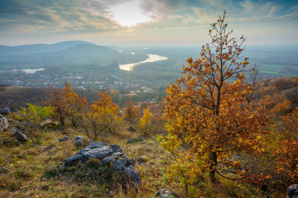 замок девин и река дунай с холма над видом - danube river danube valley river valley стоковые фото и изображения