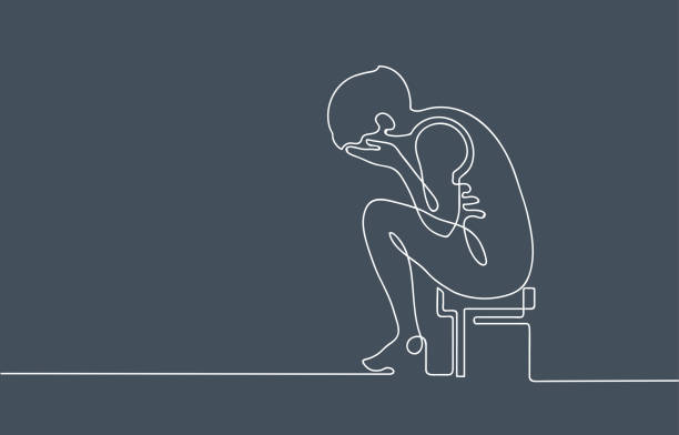 2019_11_14_04 Sad and depressed woman sitting on stool. Woman is crying. Continuous line drawing. Illustration on gloomy gray background edgy drawings stock illustrations
