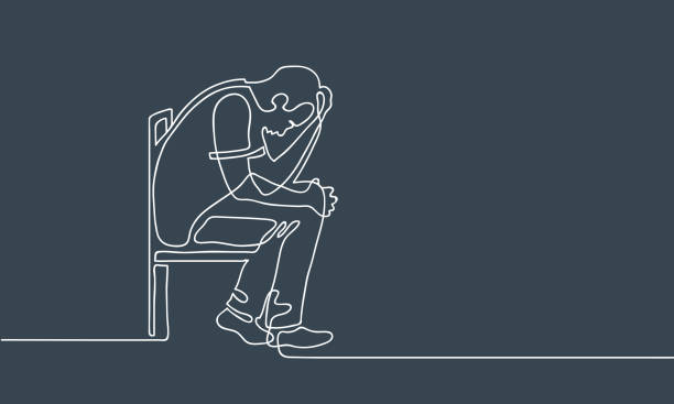 2019_11_14_02 Sad, unhappy man sitting and holding his head. Depression concept. Continuous line drawing. Illustration on gloomy gray background man sitting alone drawing stock illustrations