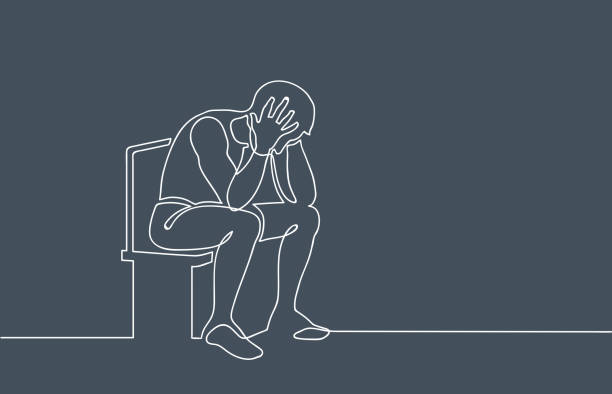 Basic RGB Sad, unhappy man sitting and holding his head. Depression concept. Continuous line drawing. Illustration on gloomy gray background man sitting alone drawing stock illustrations