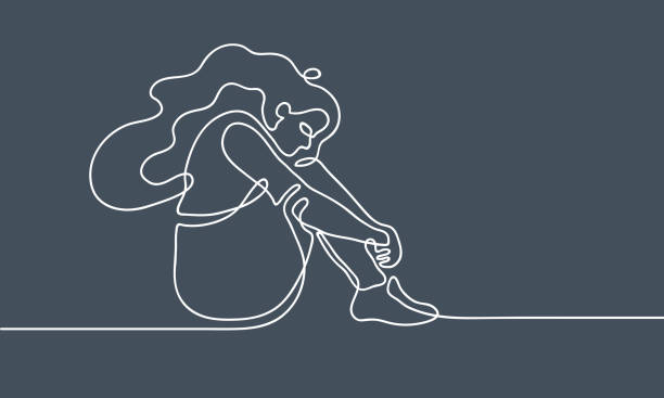 Basic RGB Depressed young girl sitting on floor. Girl has lost meaning of life. Continuous line drawing. Illustration on gloomy gray background fear illustrations stock illustrations