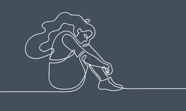 Basic RGB Depressed young girl sitting on floor. Girl has lost meaning of life. Continuous line drawing. Illustration on gloomy gray background Sullen stock illustrations