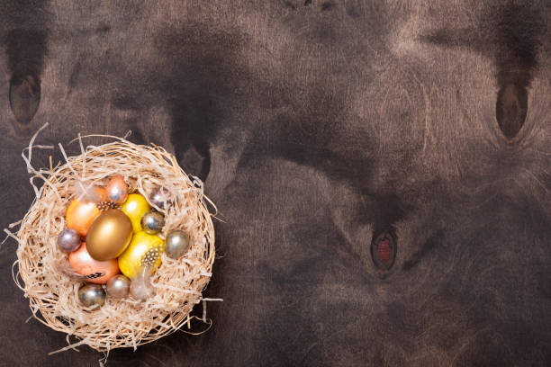 istock Beautiful spring card. Retro wooden background background. Festive design. Decorative easter egg. Happy easter concept. 1199606210