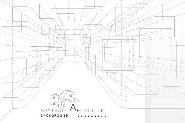 ilustracja 3d perspective interior architecture line drawing abstract background. - diminishing perspective obrazy stock illustrations