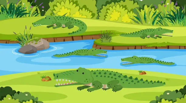 Vector illustration of Background scene with crocodiles in the river