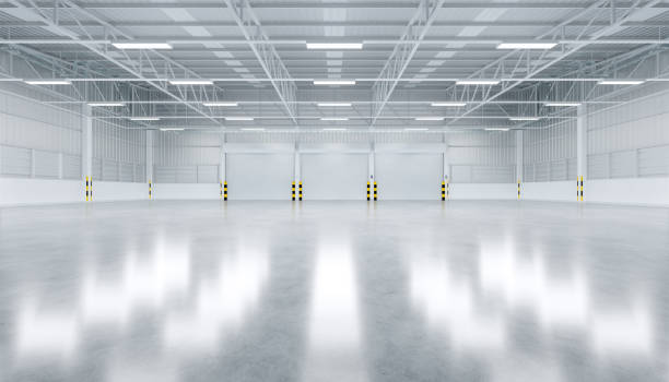 shutter door factory 3d rendering of shutter door and concrete floor inside warehouse building for industrial background. airplane hangar stock pictures, royalty-free photos & images