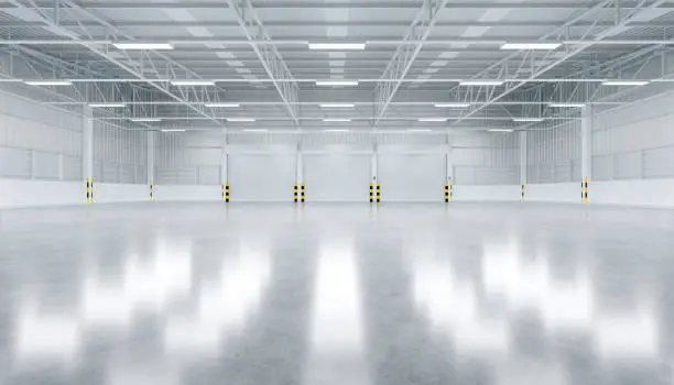 3d rendering of shutter door and concrete floor inside warehouse building for industrial background.