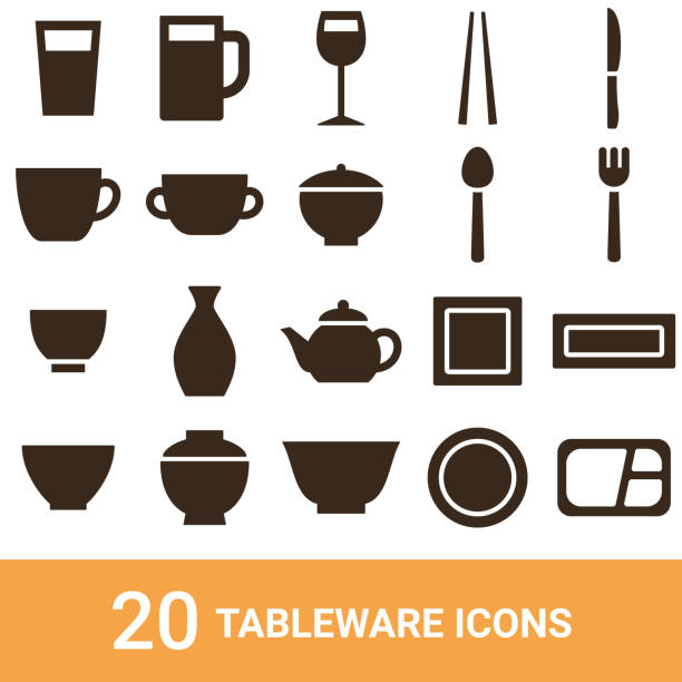 иконки продукта, посуда, силуэты, 20 комплектов - japanese tea cup stock illustrations