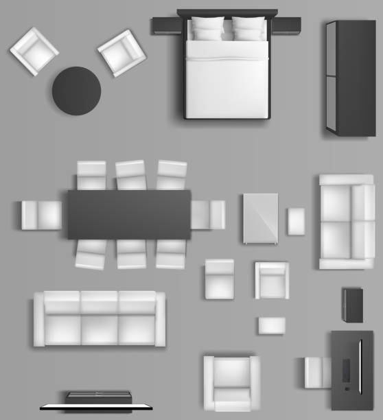 Home interior top view apartment accommodation Home interior top view. Modern apartment accommodation of living room and bedroom with furniture. Sofa, tv, bed, armchairs, dining table monochrome visualization plan. Realistic 3d vector illustration bedroom drawings stock illustrations