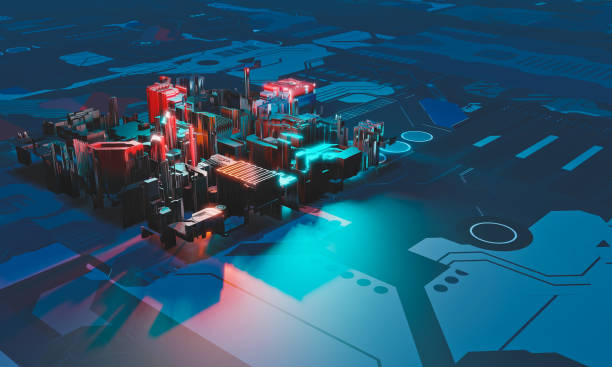 istock Industry 4.0. Abstract colorful machine, building isometric block on blue textured background. 3D illustration
