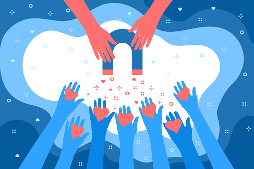 Concept of Media influence. Red hands with magnet attracts hearts from blue hands. Engaging followers in blue color. Flat design, vector illustration.