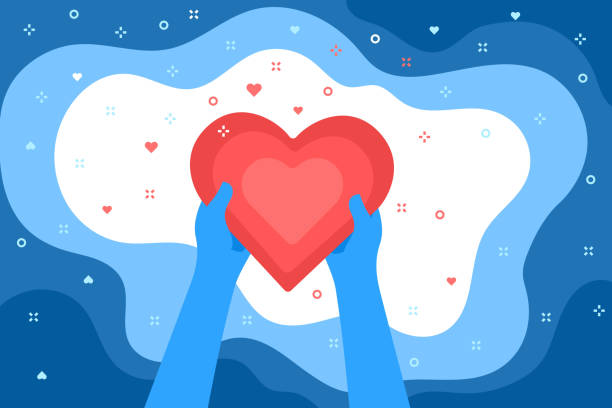 ilustraciones, imágenes clip art, dibujos animados e iconos de stock de concepto de amor. dos manos azules sosteniendo un gran corazón rojo sobre un fondo azul - dar ilustraciones