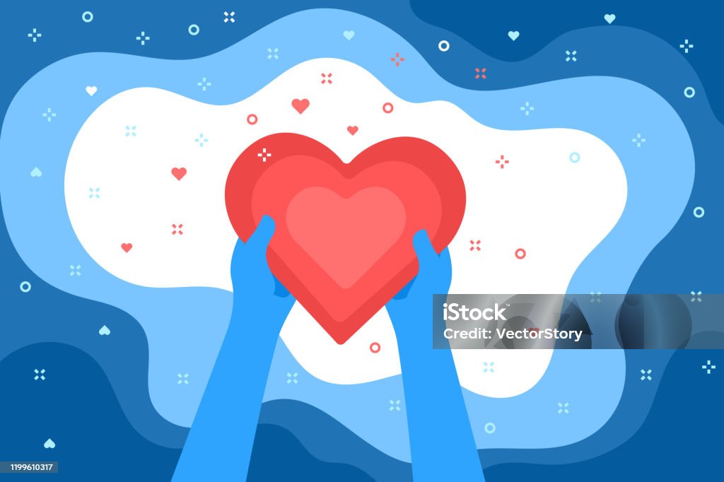 Concept of love. Two blue hands holding a big red heart on a blue background Concept of love. Two blue hands holding a big red heart on a blue background. Valentine day. Love and relationship. Flat design, vector illustration. Heart Shape stock vector