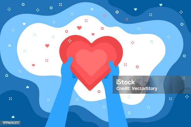 愛的概念兩只藍色的手在藍色背景上拿著一顆大紅心向量圖形及更多心型圖片 - 心型, 關心, 分享