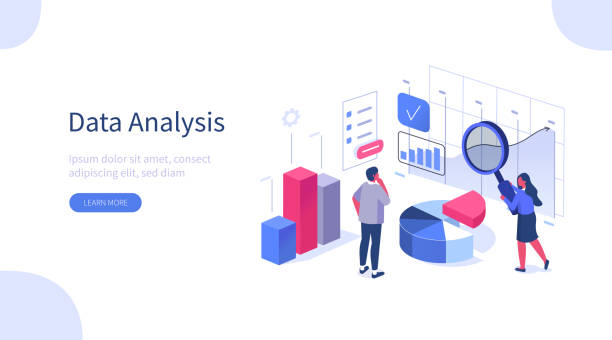 data analysis People Characters Working with Data Visualization. Man and Woman Analyzing Tables, Charts and Graphs at Business Dashboard. Digital Data Analysis Concept. Flat Isometric Vector Illustration. isometric projection illustrations stock illustrations