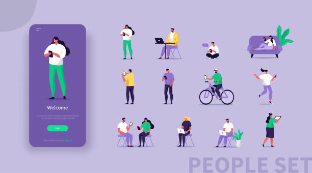 characters with gadgets Tiny Business Characters Using Different Gadgets. Man and Woman Holding Smartphone, Laptop, Tablet. Freelancer, Office Workers. Female and Male Characters Icons Set. Flat Cartoon Vector Illustration. talking on office phone stock illustrations