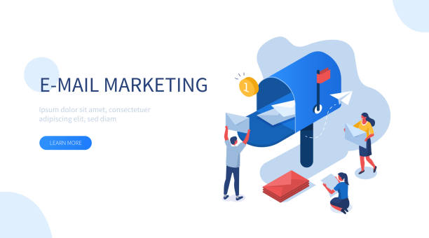 email marketing People Characters Standing Near Postbox and Sending Mails. Woman and Man Holding Envelopes Reading Letters. E-mail Marketing Concept. Flat Isometric Vector Illustration. marketing illustrations stock illustrations