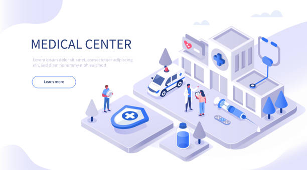 medical center Medical Staff Standing near Hospital Building and Ambulance Car. Syringe, Stethoscope, Medicament Bottles around. Doctor and Nurse Talking. Medical Clinic Concept. Flat Isometric Vector Illustration. research facility exterior stock illustrations