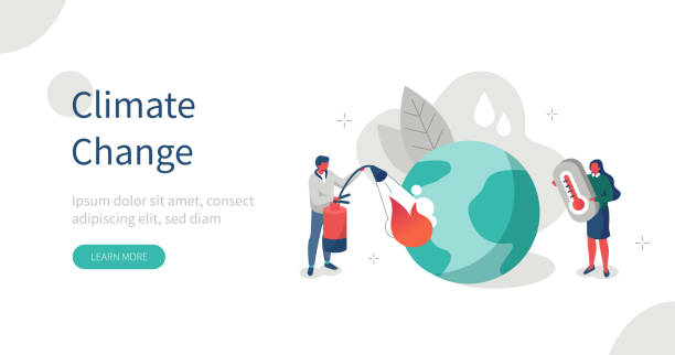 climate change People Characters trying to Save Planet Earth.Woman holding Thermometer showing Hot Temperature. Man put out Big Fire. Global Warming and Climate Change Concept. Flat Isometric Vector Illustration. accidents and disasters illustrations stock illustrations