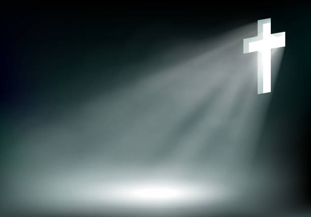 ilustraciones, imágenes clip art, dibujos animados e iconos de stock de brillante cruz de jesucristo sobre un fondo oscuro - gods rays
