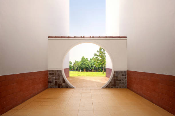 Chinese round gate with view of green grass and trees over blue sky background