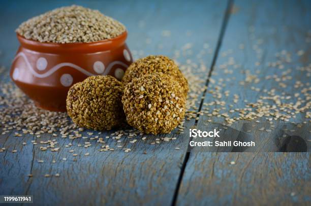 Sesame Seeds And Sesame Laddu Stock Photo - Download Image Now - Makar Sankranti, Sesame, Laddoo