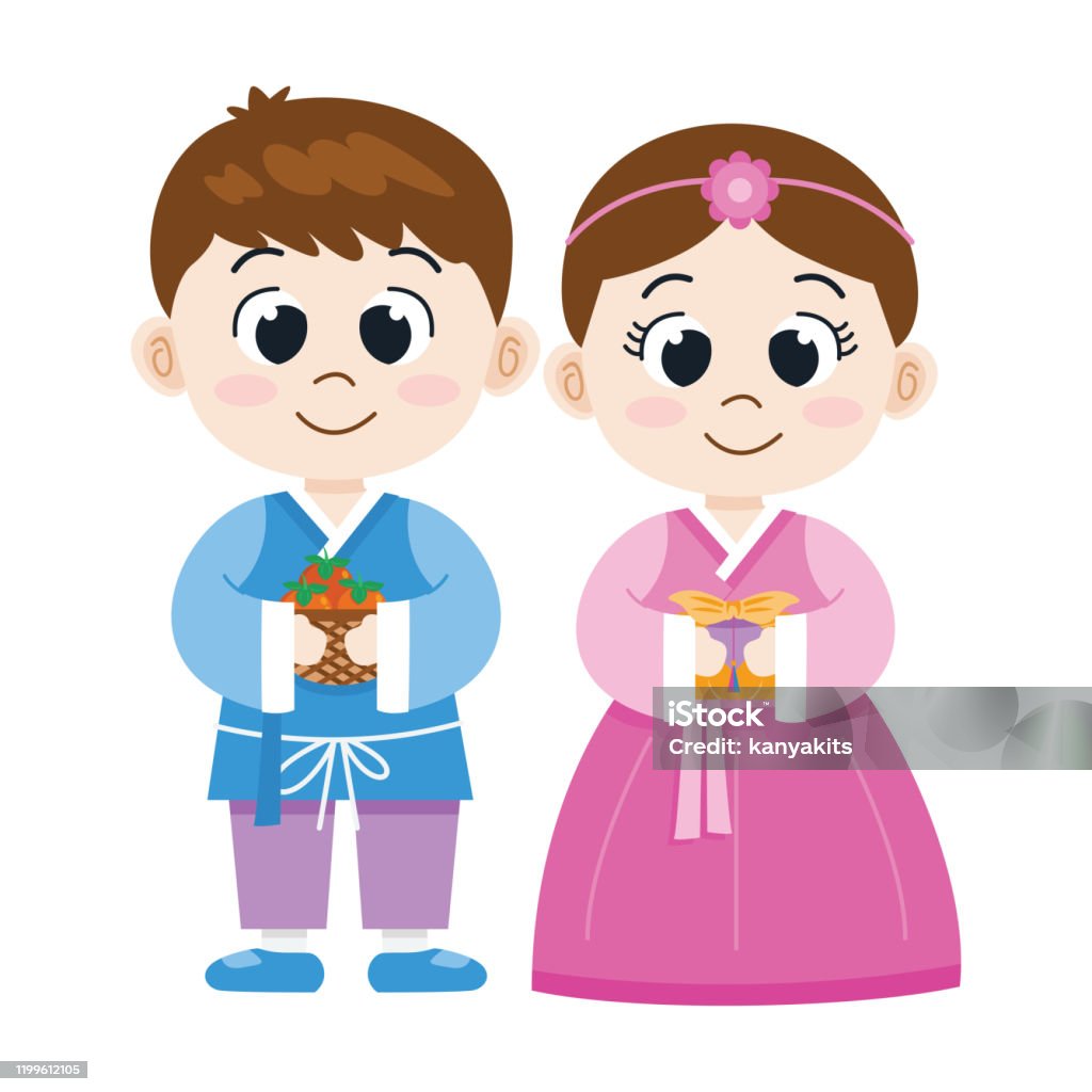 Cute Cartoon Korean Boy And Girl In National Costume Vector Illustrationt  Stock Illustration - Download Image Now - iStock