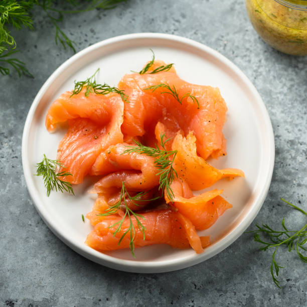 Smoked salmon Smoked salmon with dill and mustard sauce chopped dill stock pictures, royalty-free photos & images