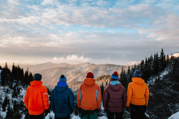 istock Five friends standing and looking at mountain valley at sunset in winter 1199616356