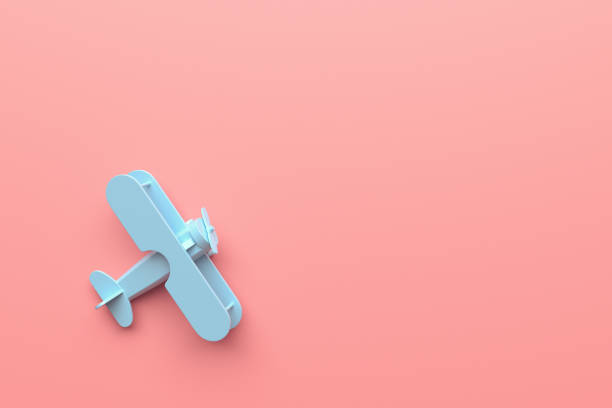 Toy model plane, airplane on pastel pink color background. Flat lay design. 3d render