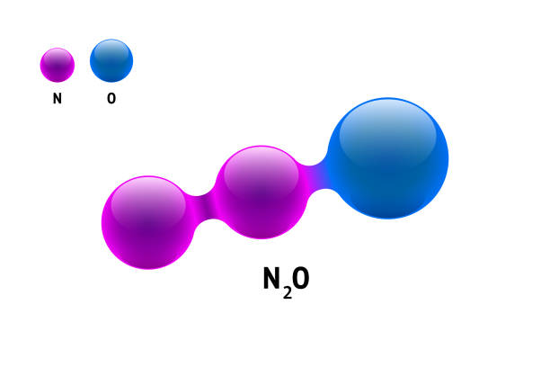 illustrazioni stock, clip art, cartoni animati e icone di tendenza di modello chimico molecola ossido di azoto n2o formula elemento scientifico. particelle integrate struttura molecolare 3d inorganica naturale costituita. due sfera vettoriale atomica di volume nitroso e ossigeno - nitrous oxide