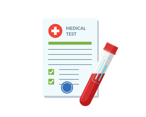 Blood test tube container and medical lab analysis form list with results and approved check mark vector illustration. Flat clinical exam checklist blank document. Medicine care service concept Blood test tube container and medical lab analysis form list with results and approved check mark vector illustration. Clinical exam checklist blank document. Medicine care service concept blood testing stock illustrations