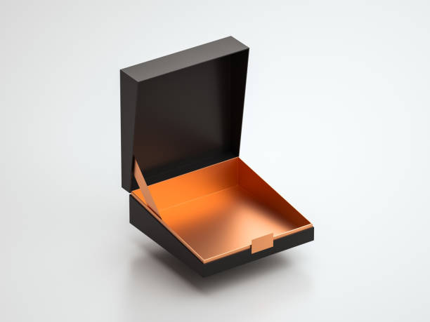 istock Black Box packaging Mockup Half Side View on the dark marble floor, 3d rendering 1199619338