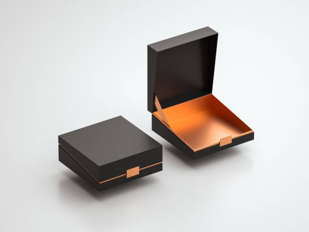 Black Box packaging Mockup Half Side View on the dark marble floor, 3d rendering