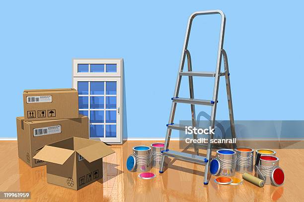 Concepto De Casa Renovación Foto de stock y más banco de imágenes de Artículos domésticos - Artículos domésticos, Caja, Caja de cartón