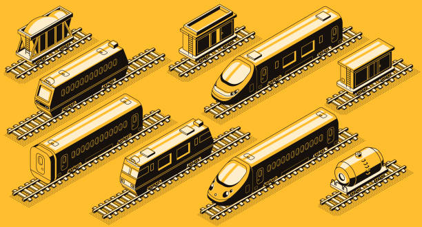 illustrazioni stock, clip art, cartoni animati e icone di tendenza di insieme di vettori isometrici degli elementi del settore ferroviario - diesel locomotive