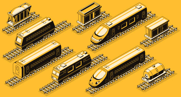 ilustrações, clipart, desenhos animados e ícones de elementos da indústria ferroviária conjunto vetor isométrico - diesel locomotive