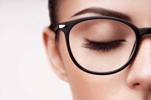 Female eye with long eyelashes in eyeglasses. Model in glasses. Vision correction. Poor eyesight. Spectacle frame. Makeup, cosmetics, beauty. Close up, macro