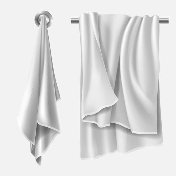 Towel mockup, textile blank folded wiper sheet Towel mockup, textile blank folded wiper sheet hanging on hanger in kitchen and heater pipe in bathroom. Design elements mock up isolated on white background Realistic 3d vector illustration, clip art hanging fabric stock illustrations