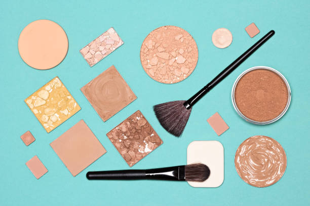 istock Makeup flatlay. Make-up foundation, concealer, powders with brushes and cosmetic sponges 1199624534