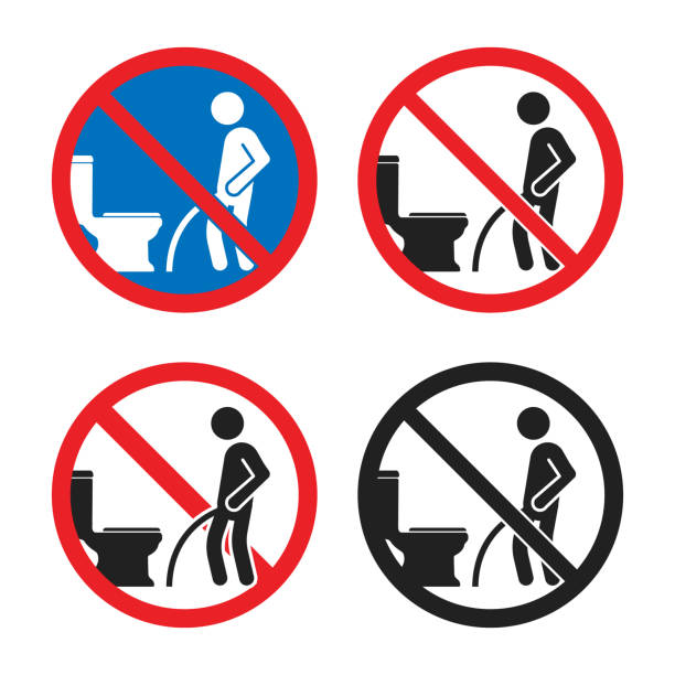 No peeing on the floor sign, do not pee outside of the toilet icon Do not pee outside of the toilet sign, no peeing on the floor squat toilet stock illustrations