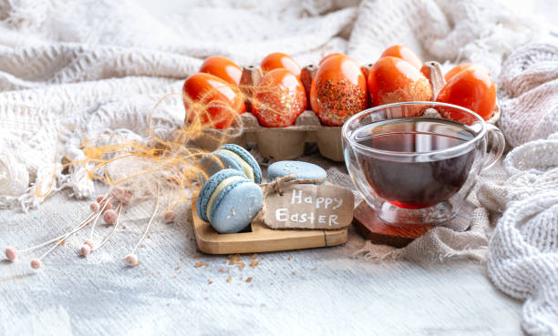 istock Cozy Easter still life with decor . Morning tea with dessert. 1199626216