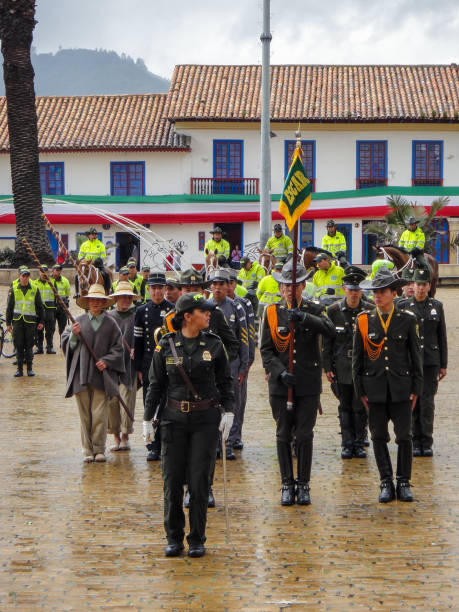 Colombian police ceremony at Zipaquira town hall at main square, Zipaquira, Colombia stock photo